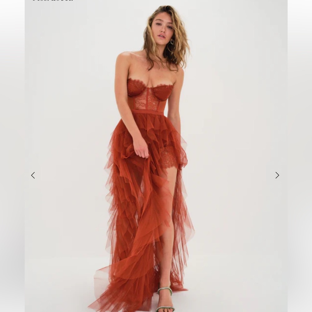 For Love And Lemons Strapless Rust Tulle Gown